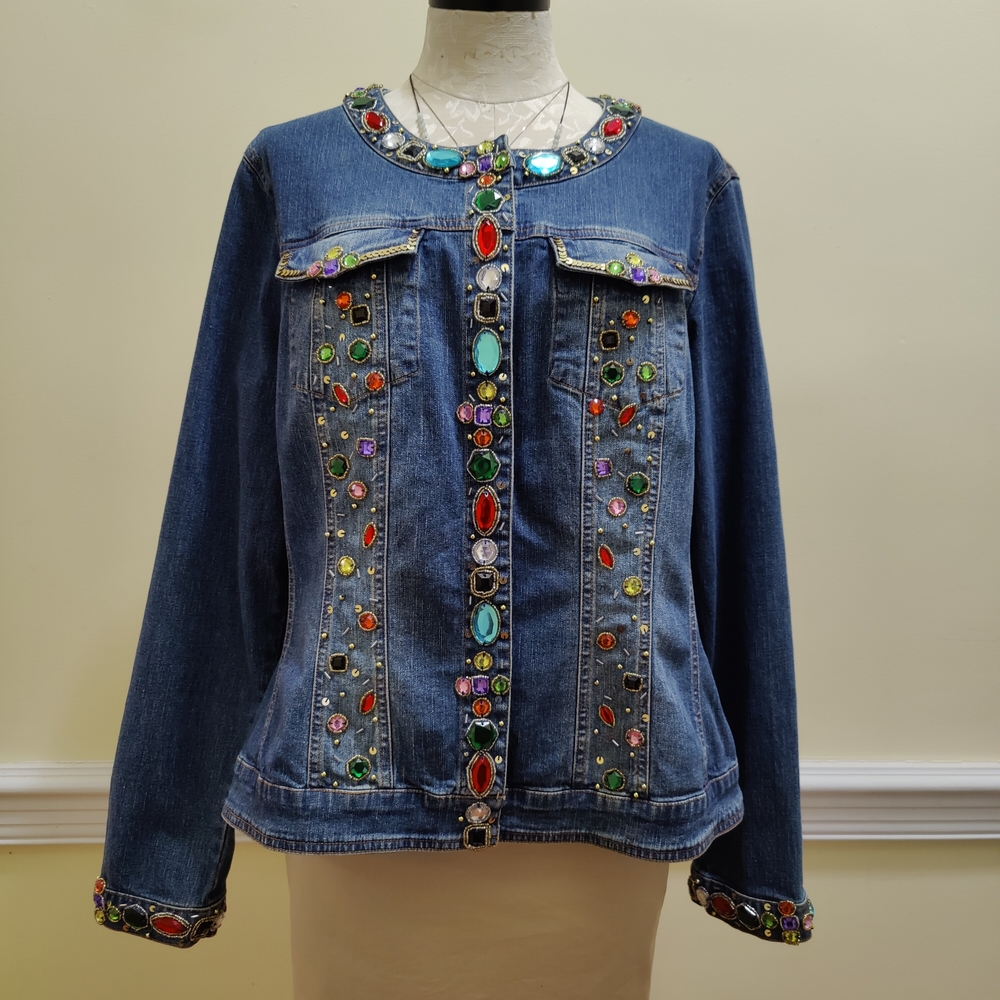 berek Embellished Blue Denim Jacket with Multicolor Gem Accents